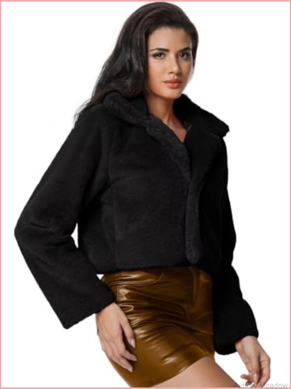 Cropped Faux Fur Jacket with Hidden Pockets Shawl Collar Cardigan Coat - Picture 4 of 7